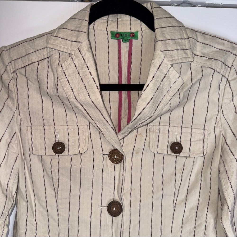 Tibi Women’s Striped Cotton Blazer‎ Jacket Beige Brown Button Front Size 2 - Picture 3 of 12